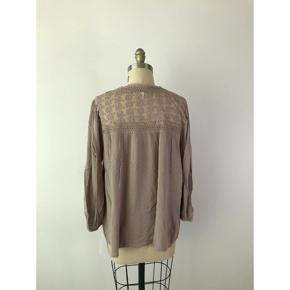 Ecru Gauzy Peasant Blouse Sheer Crochet Shoulders Long Sleeve Fall Casual - Picture 5 of 8